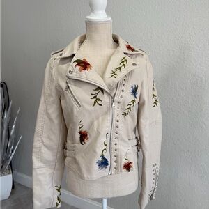 AFTF BASIC Cream Leather Jacket w/ Floral Stitching & Studded Detail